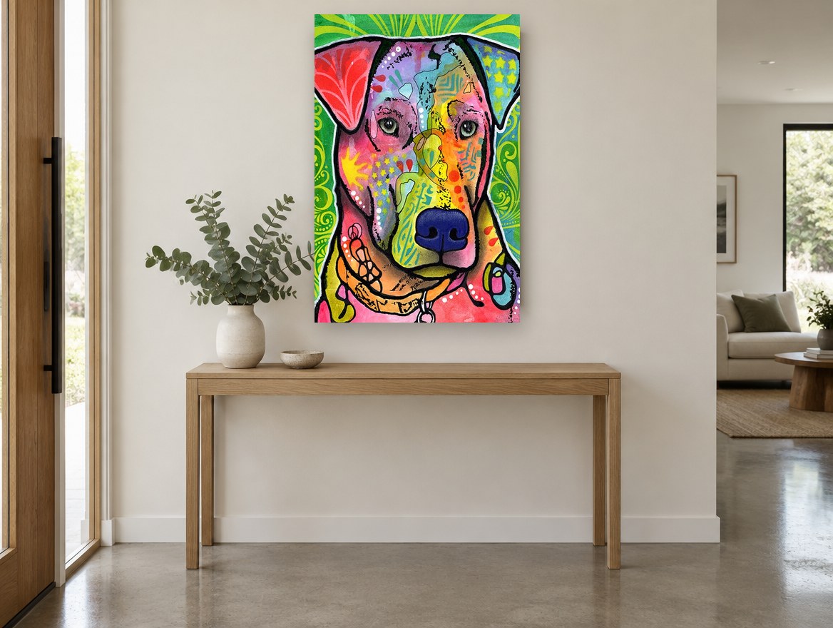 Patchwork Pup Portrait animal canvas print on the wall of a entry hall