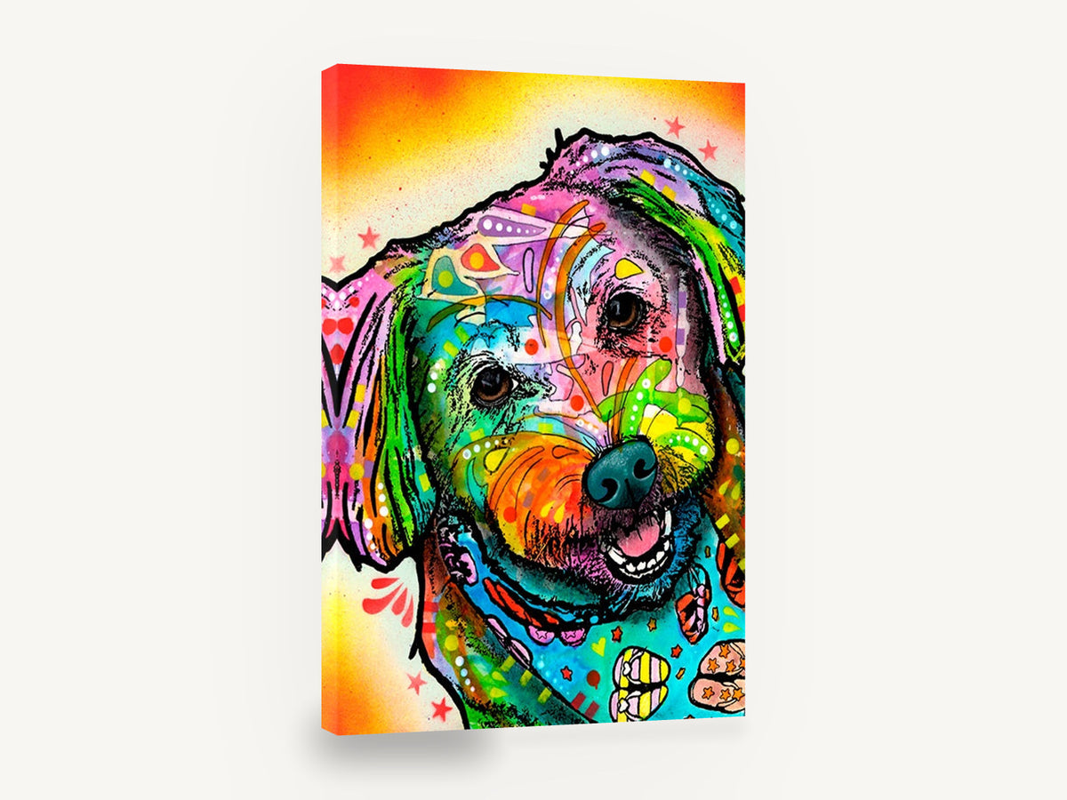 Rainbow Pop Pup, colourful pop art dog portrait, animal canvas wall art print ready to hang