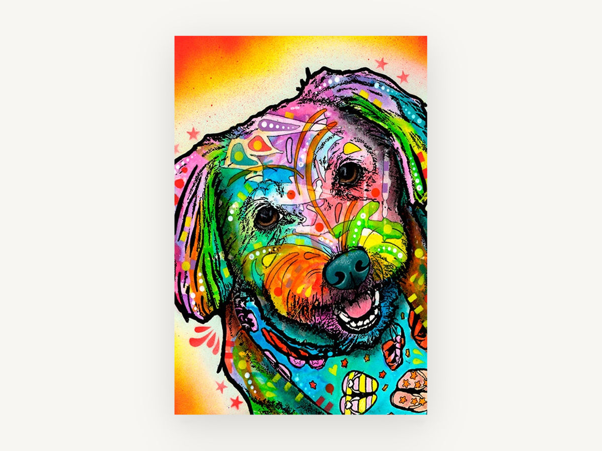 Rainbow Pop Pup, colourful pop art dog portrait, animal canvas wall art print, front view