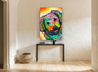 Rainbow Pop Pup animal canvas print on the wall of a hallway