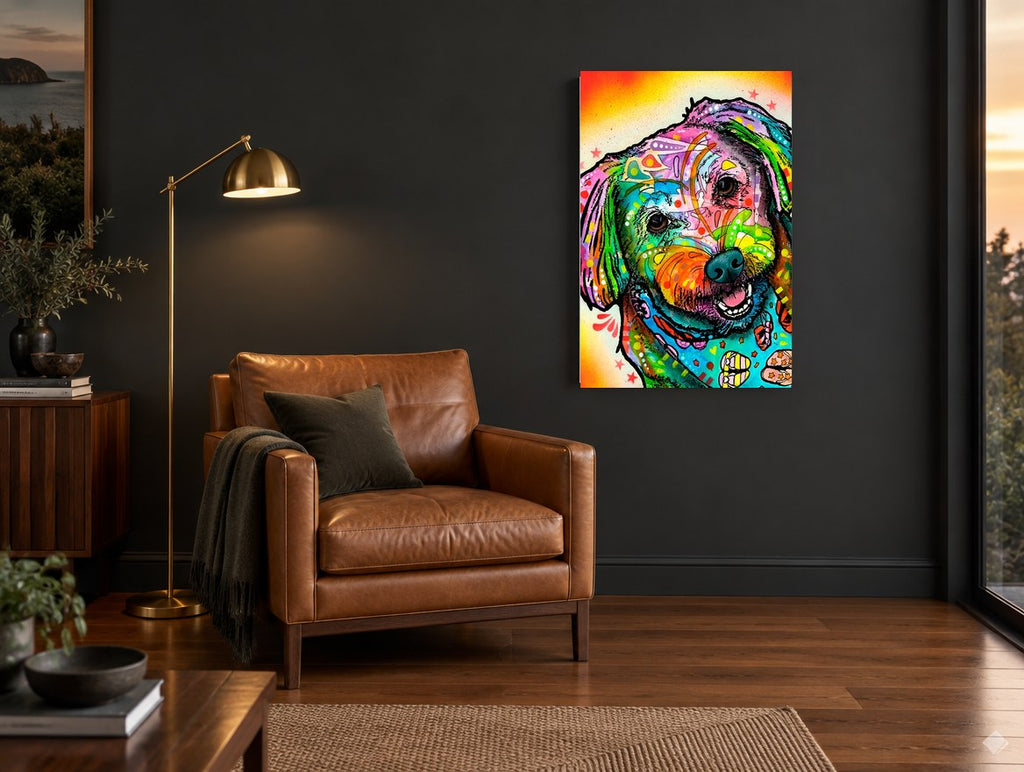Rainbow Pop Pup animal canvas print on the wall of a charcoal living room