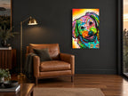Rainbow Pop Pup animal canvas print on the wall of a charcoal living room