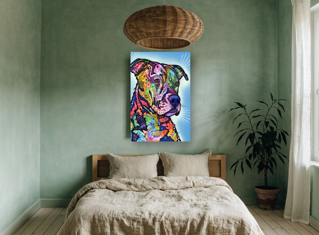 Sunburst Mosaic Pit Bull animal canvas print on the wall of a bedroom