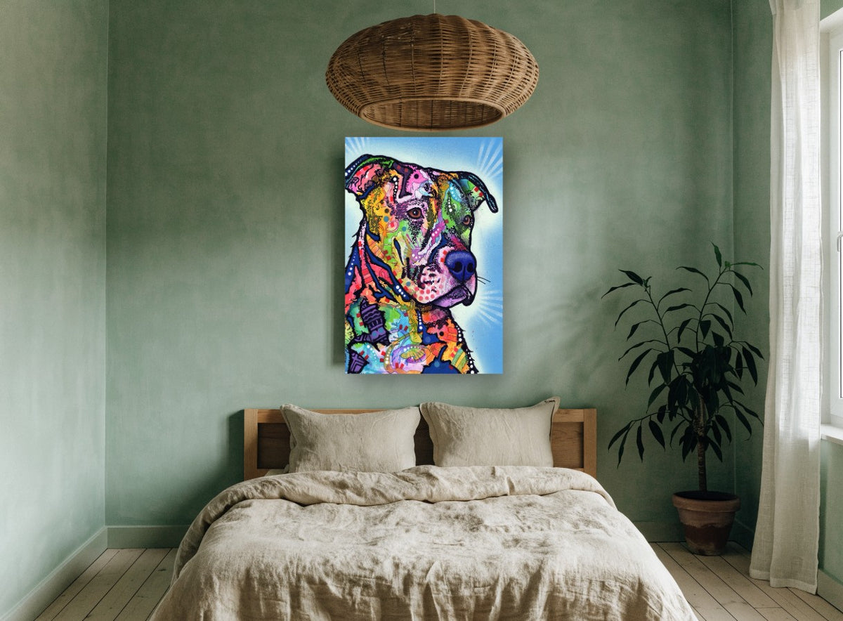 Sunburst Mosaic Pit Bull animal canvas print on the wall of a bedroom