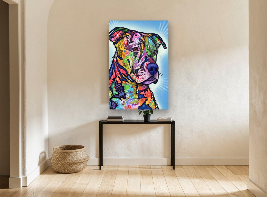Sunburst Mosaic Pit Bull animal canvas print on the wall of a hallway