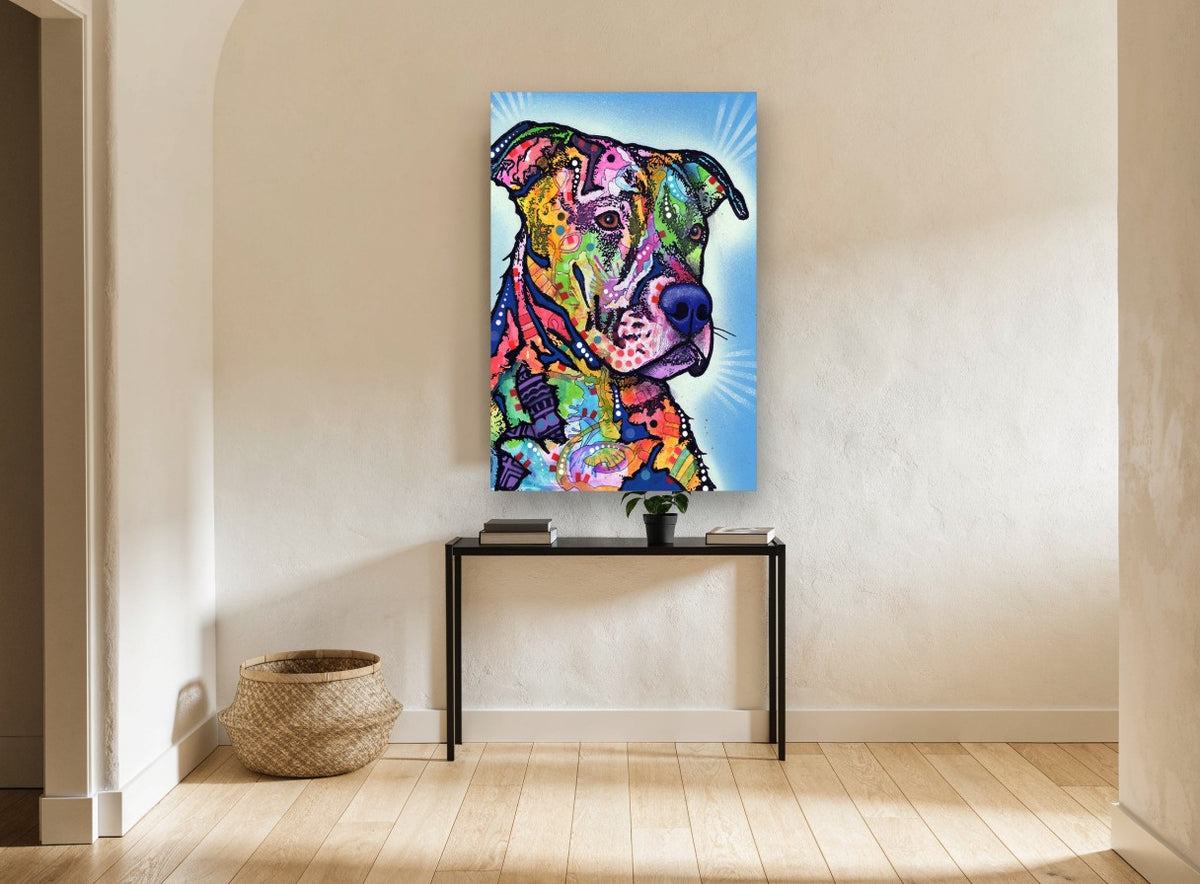 Sunburst Mosaic Pit Bull animal canvas print on the wall of a hallway