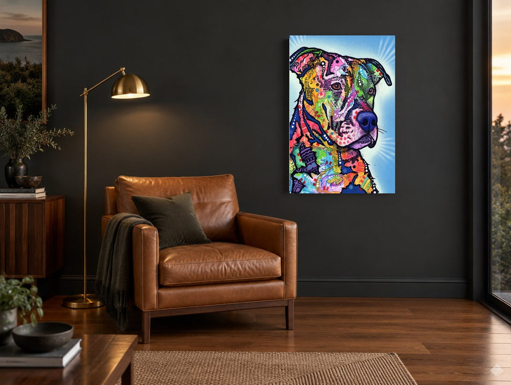 Sunburst Mosaic Pit Bull animal canvas print on the wall of a charcoal living room