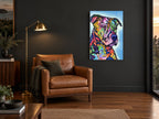 Sunburst Mosaic Pit Bull animal canvas print on the wall of a charcoal living room