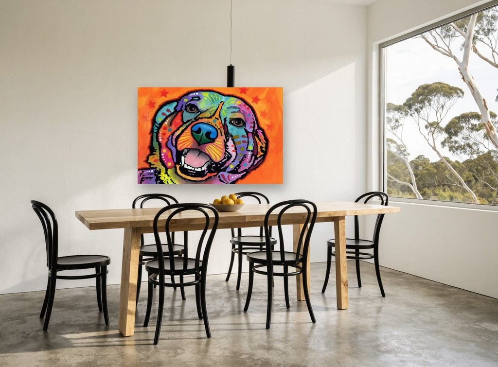 Rainbow Retriever Grin animal canvas print on the wall of a dining room