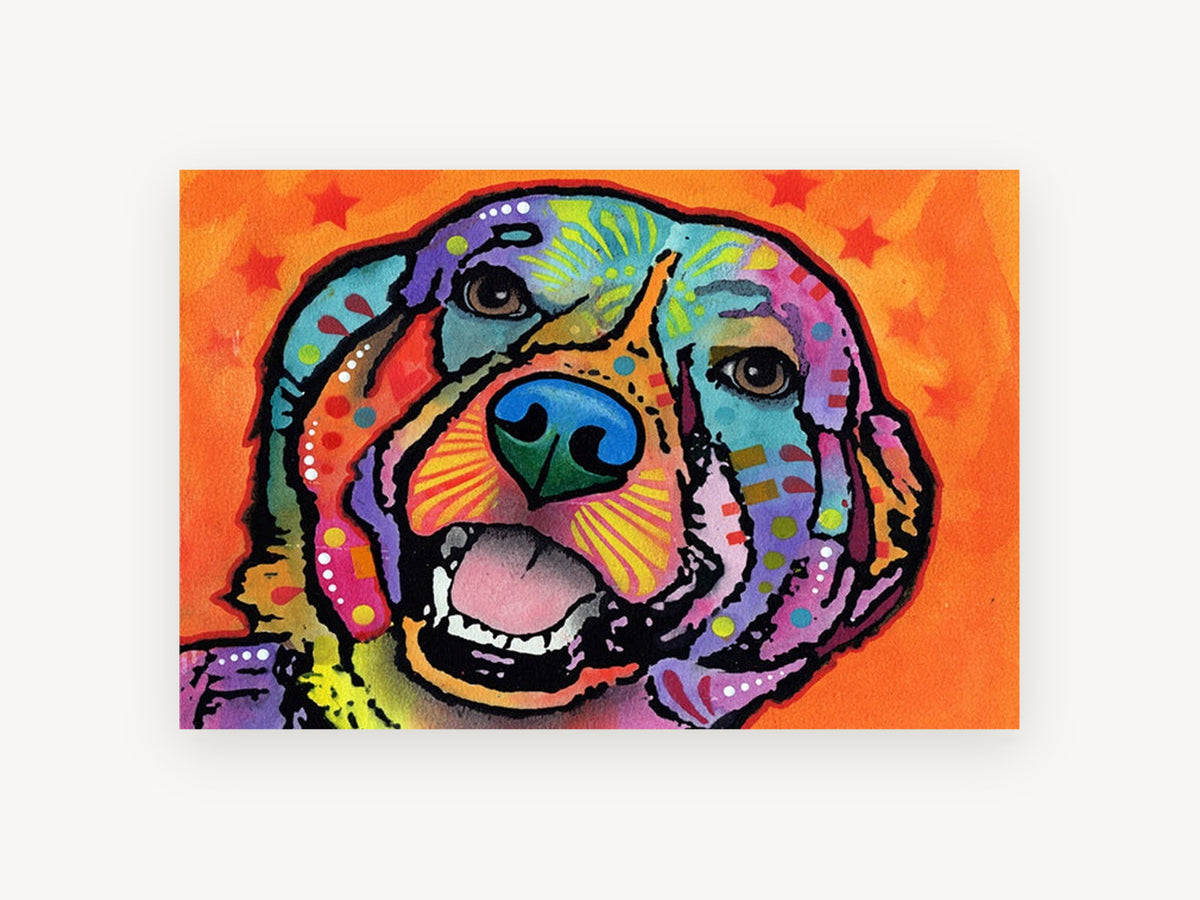 Rainbow Retriever Grin, colourful pop art dog portrait, animal canvas wall art print, front view