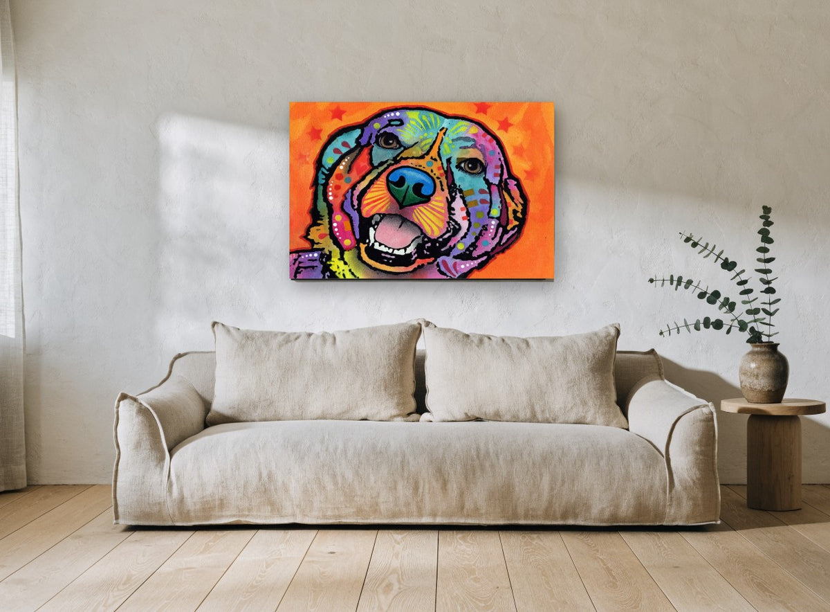 Rainbow Retriever Grin animal canvas print on the wall of a living room
