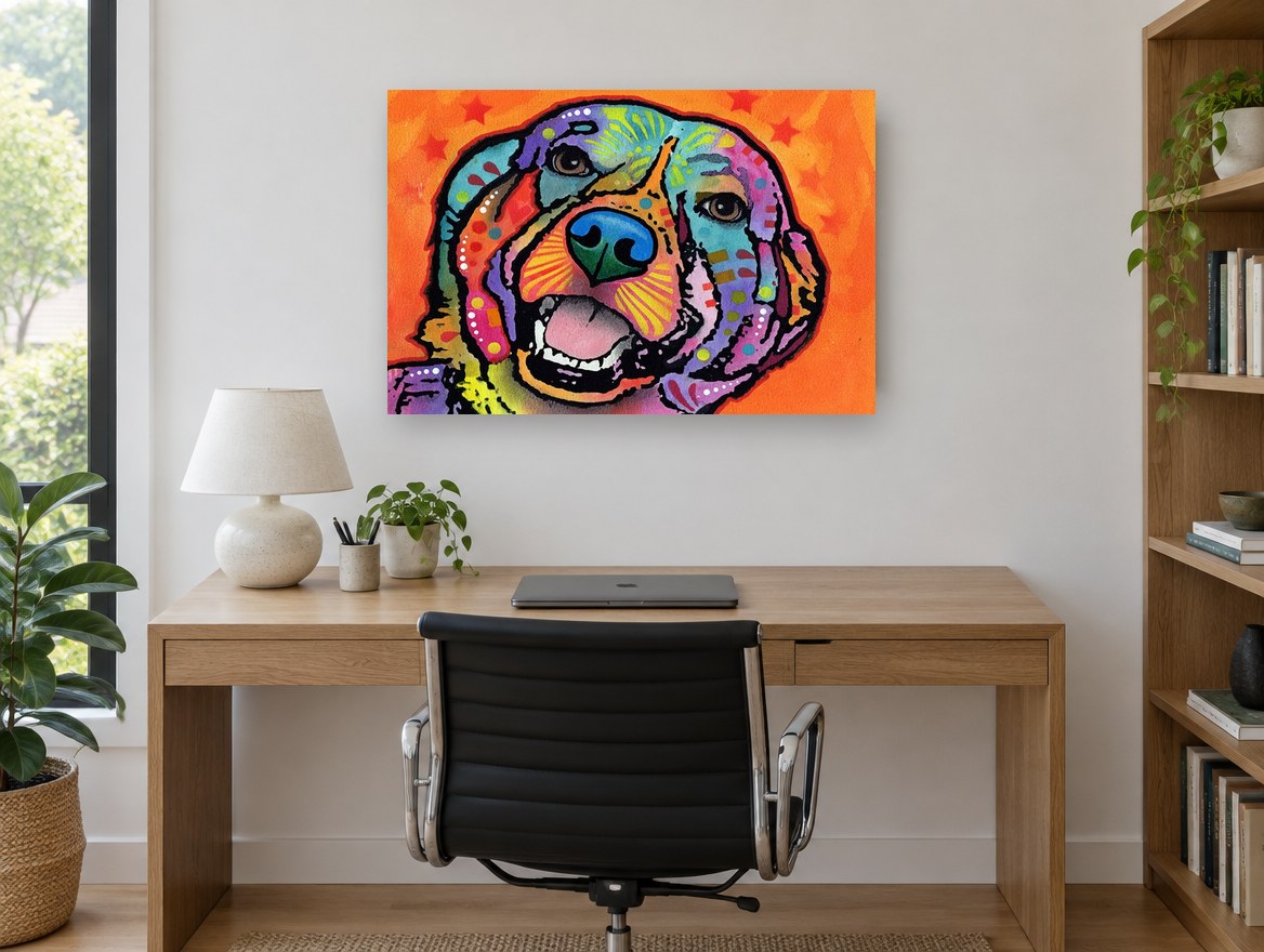 Rainbow Retriever Grin animal canvas print on the wall of a study