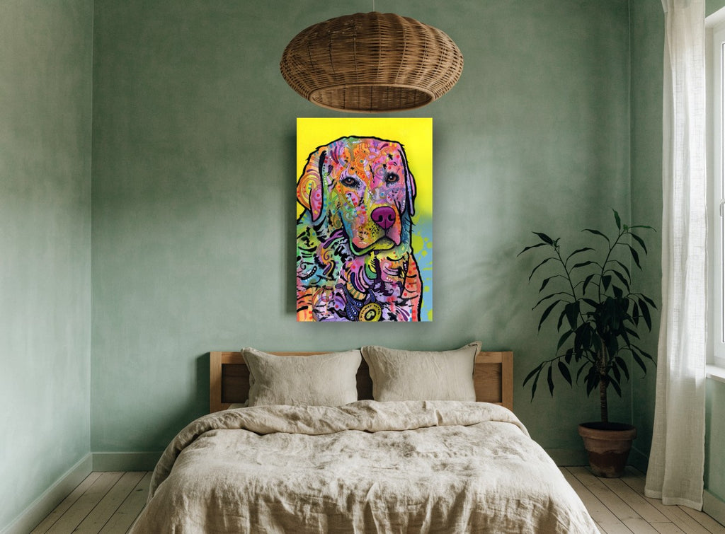 Neon Retriever Portrait animal canvas print on the wall of a bedroom