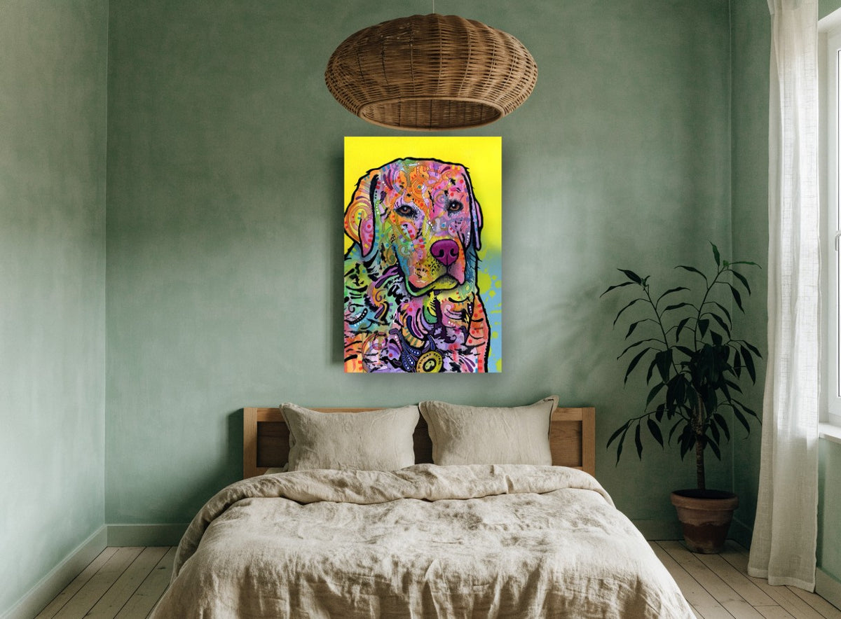 Neon Retriever Portrait animal canvas print on the wall of a bedroom