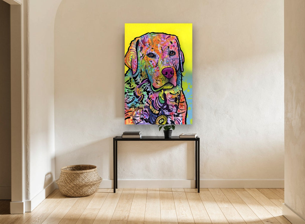 Neon Retriever Portrait animal canvas print on the wall of a hallway