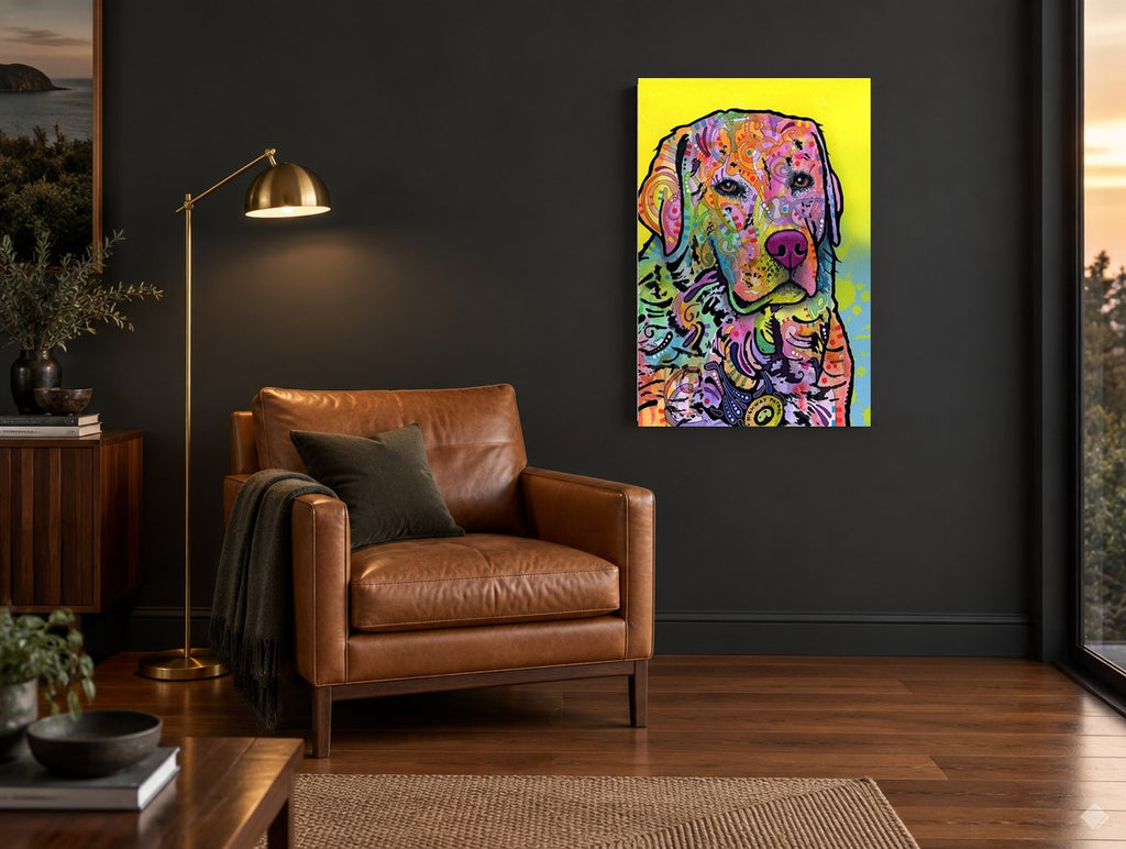 Neon Retriever Portrait animal canvas print on the wall of a charcoal living room