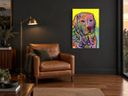 Neon Retriever Portrait animal canvas print on the wall of a charcoal living room