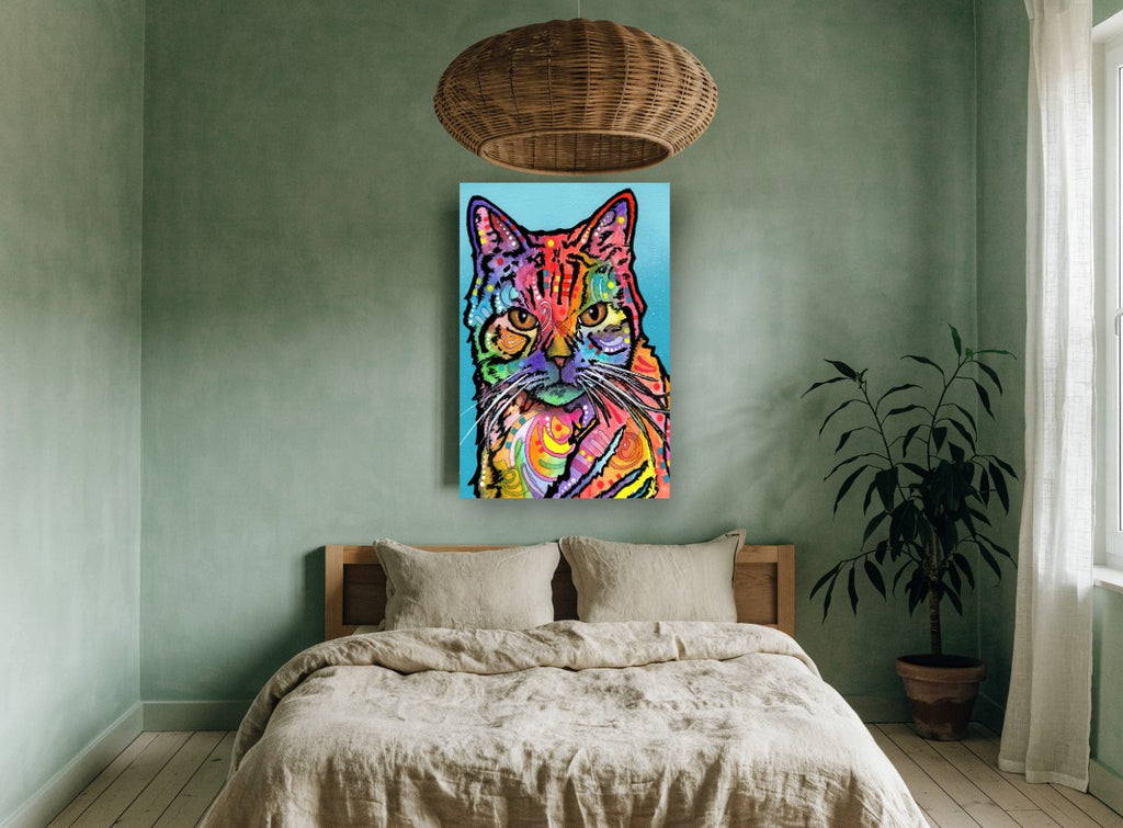 Rainbow Tabby Stare animal canvas print on the wall of a bedroom