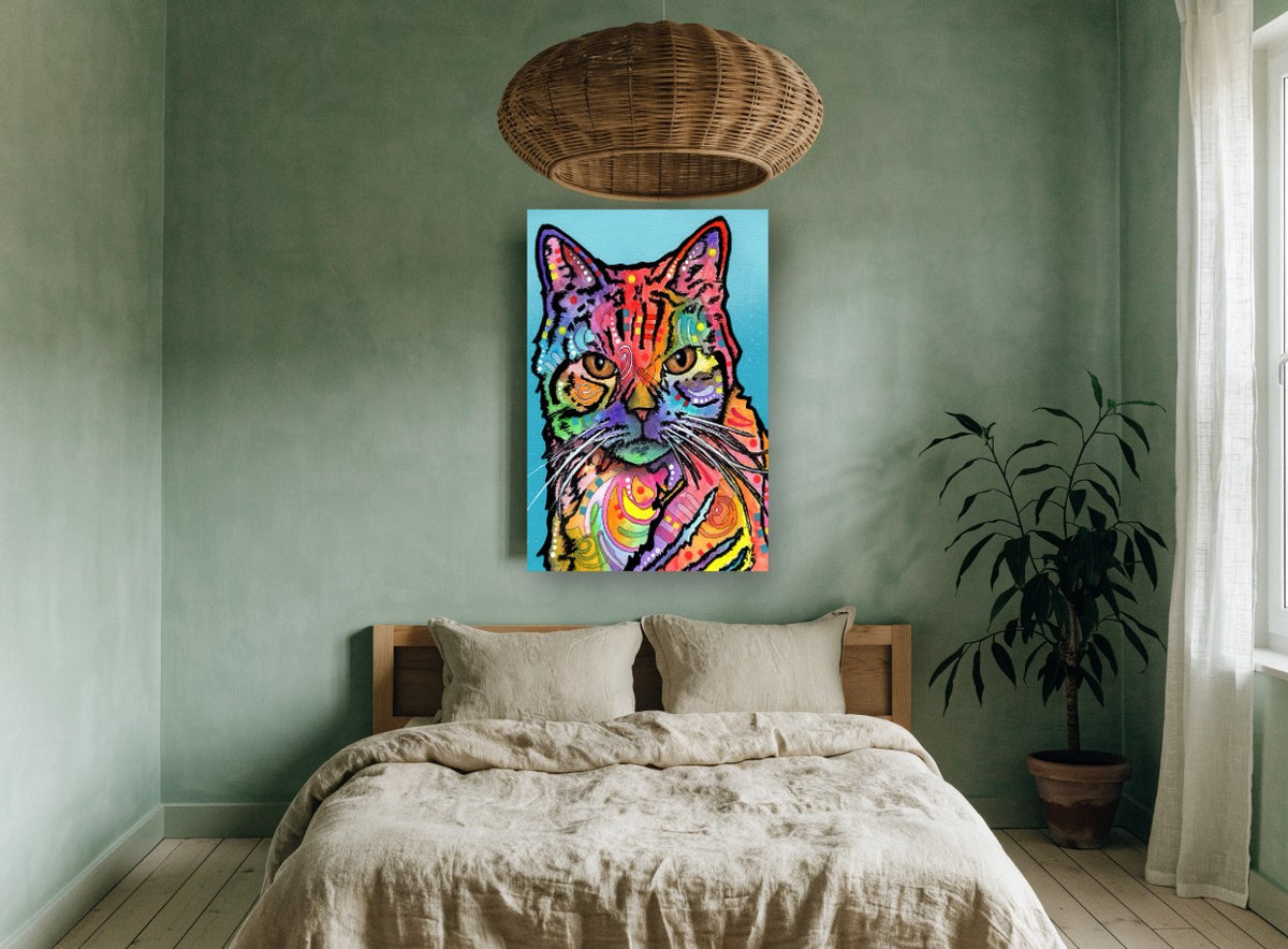 Rainbow Tabby Stare animal canvas print on the wall of a bedroom