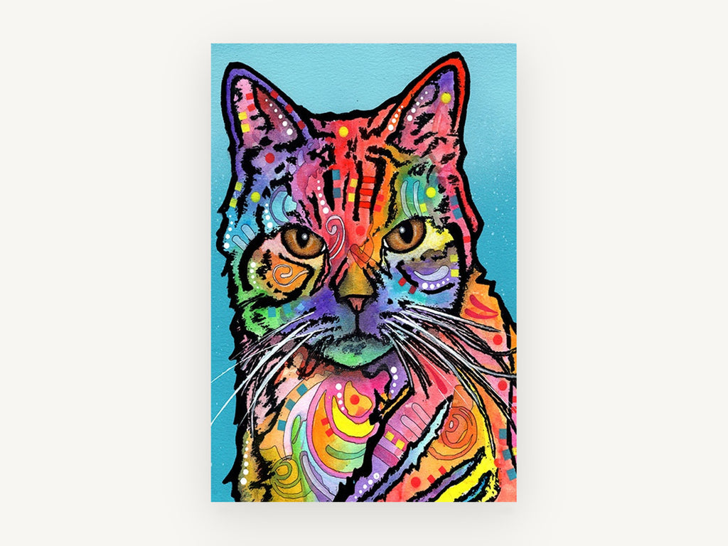 Rainbow Tabby Stare, colourful pop art cat illustration, animal canvas wall art print, front view