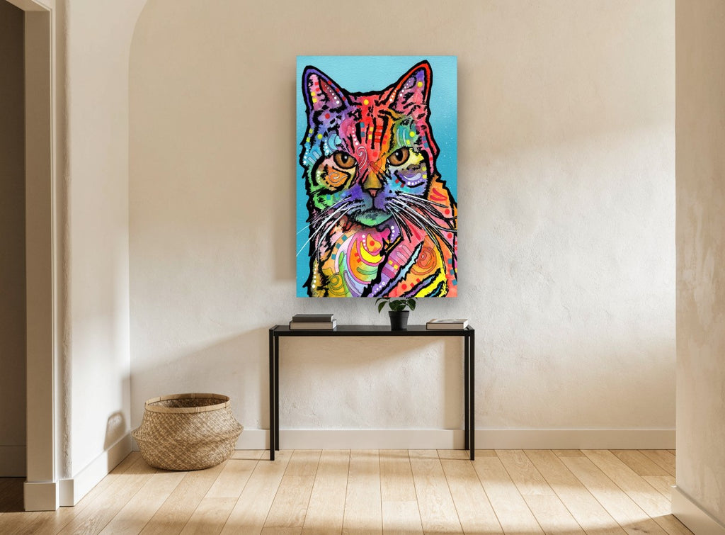 Rainbow Tabby Stare animal canvas print on the wall of a hallway