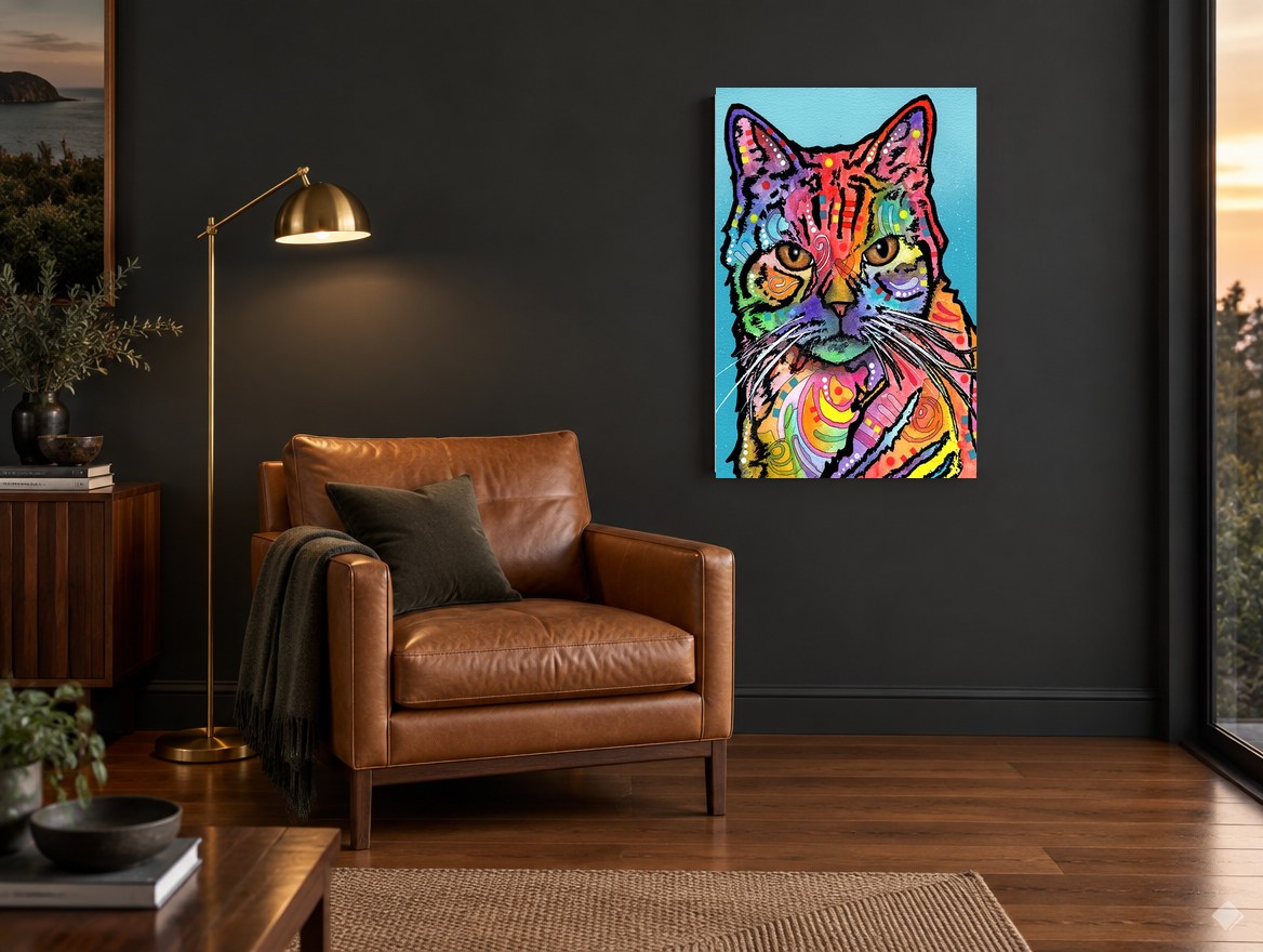 Rainbow Tabby Stare animal canvas print on the wall of a charcoal living room
