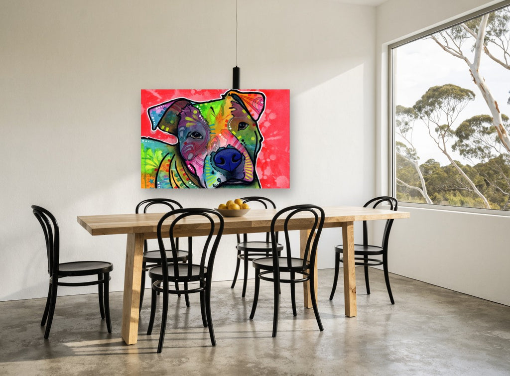 Rainbow Pit Bull Tilt animal canvas print on the wall of a dining room