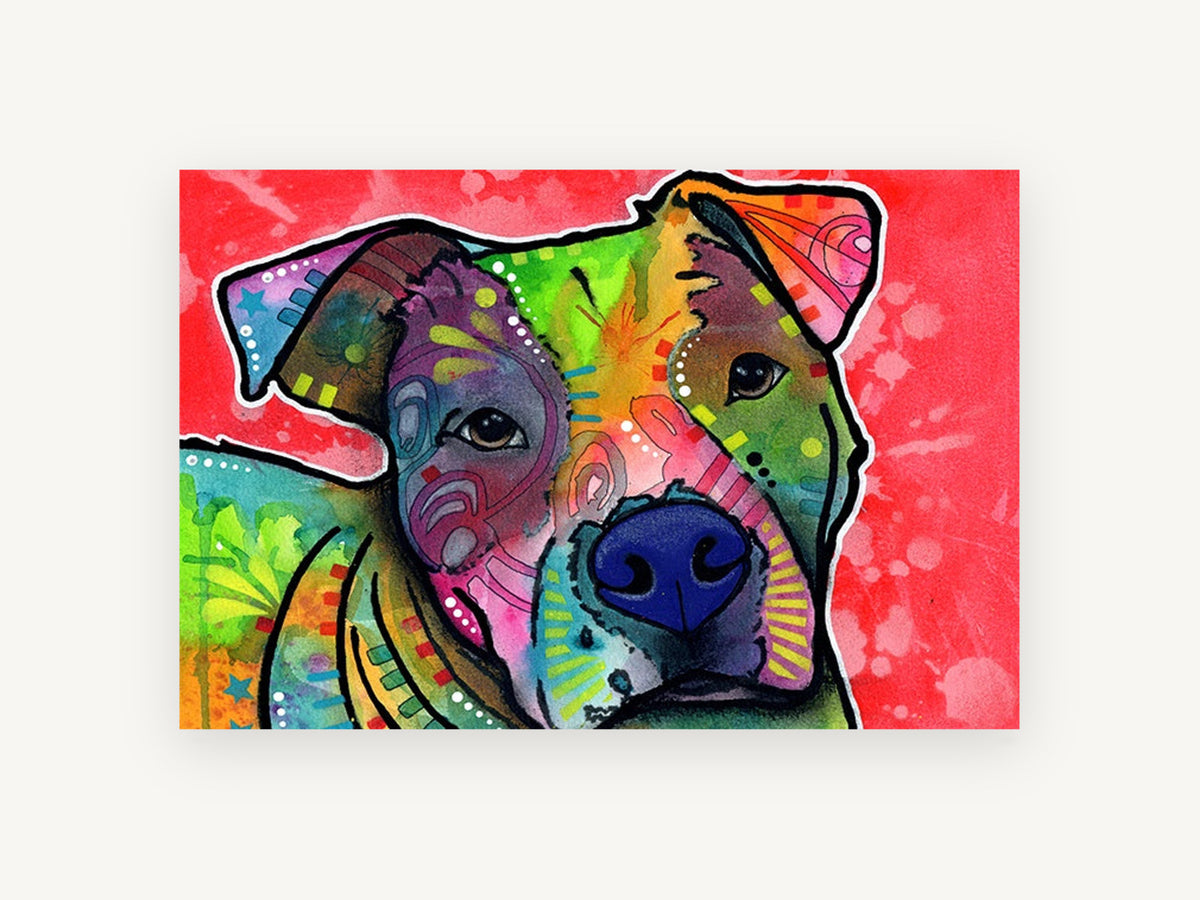 Rainbow Pit Bull Tilt, colourful pop art dog portrait, animal canvas wall art print, front view