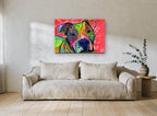 Rainbow Pit Bull Tilt animal canvas print on the wall of a living room