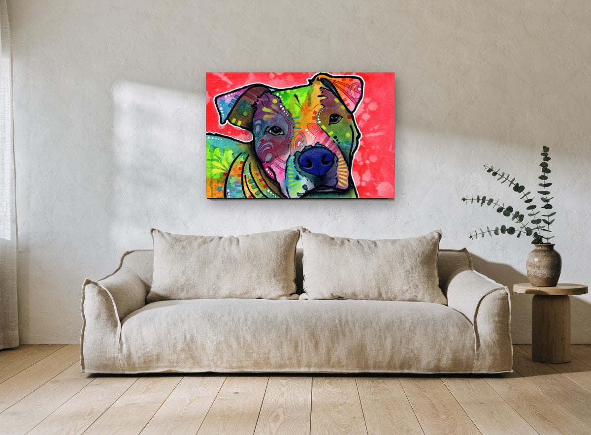 Rainbow Pit Bull Tilt animal canvas print on the wall of a living room