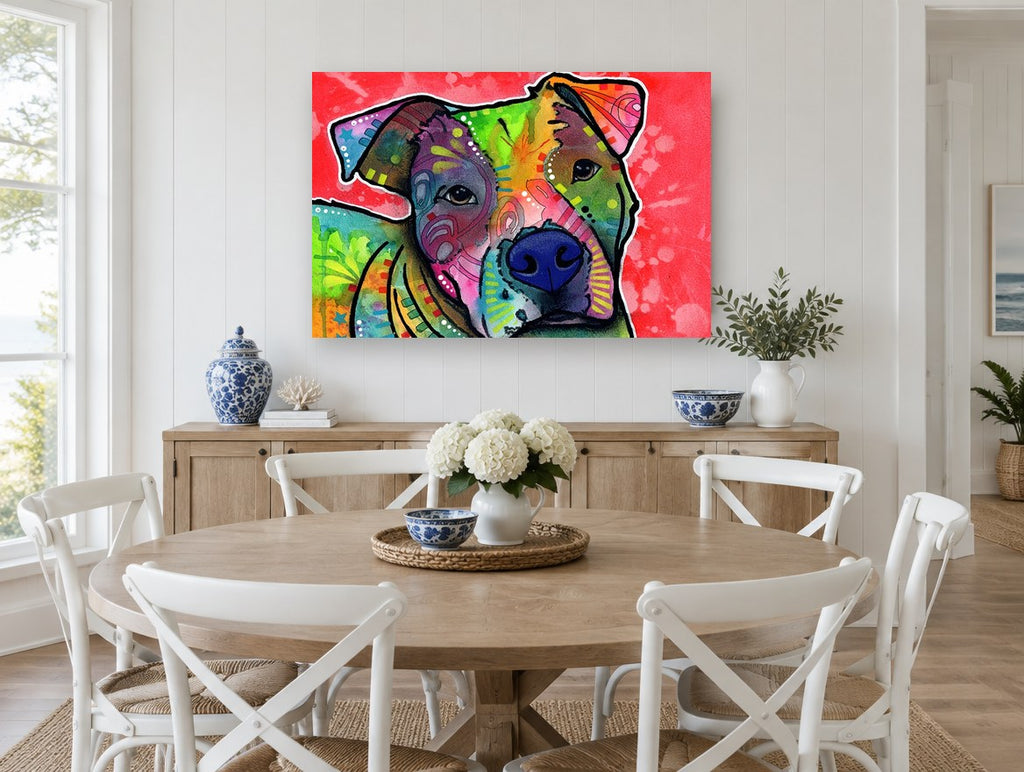 Rainbow Pit Bull Tilt animal canvas print on the wall of a Hamptons dining room