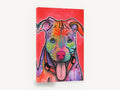 Rainbow Pup on Red, colourful pop art dog portrait, animal canvas wall art print ready to hang