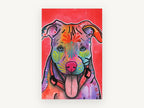Rainbow Pup on Red, colourful pop art dog portrait, animal canvas wall art print, front view