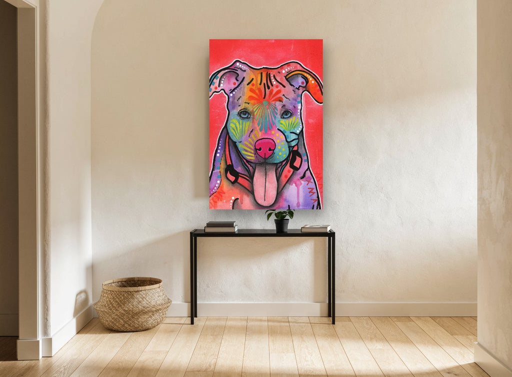 Rainbow Pup on Red animal canvas print on the wall of a hallway