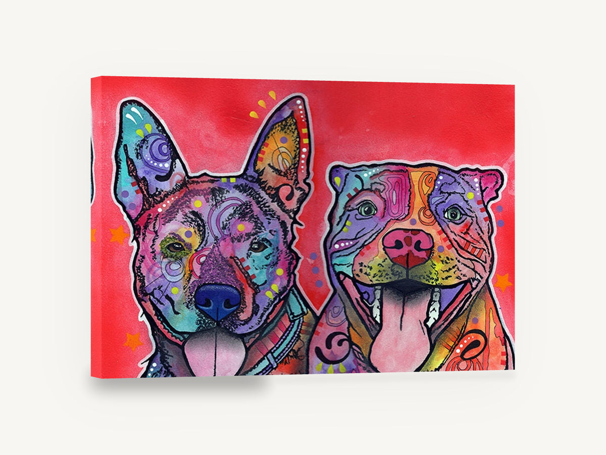Two Happy Pups in Colour, colourful pop art dog portrait, animal canvas wall art print ready to hang