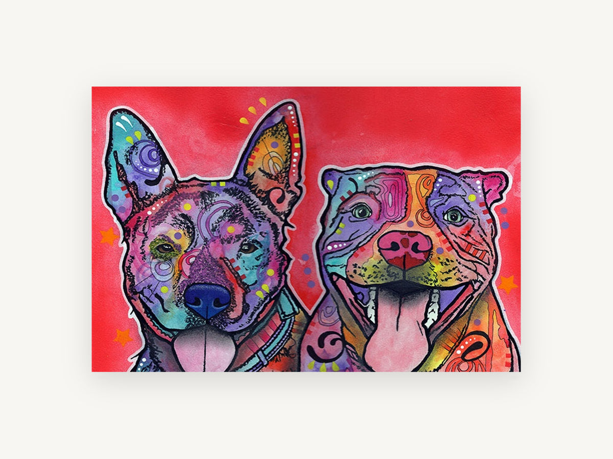 Two Happy Pups in Colour, colourful pop art dog portrait, animal canvas wall art print, front view