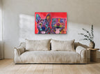 Two Happy Pups in Colour animal canvas print on the wall of a living room