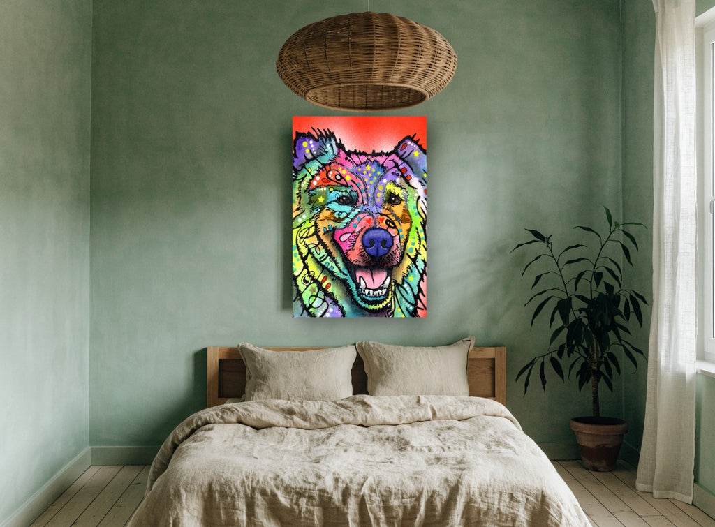 Rainbow Smiling Dog animal canvas print on the wall of a bedroom