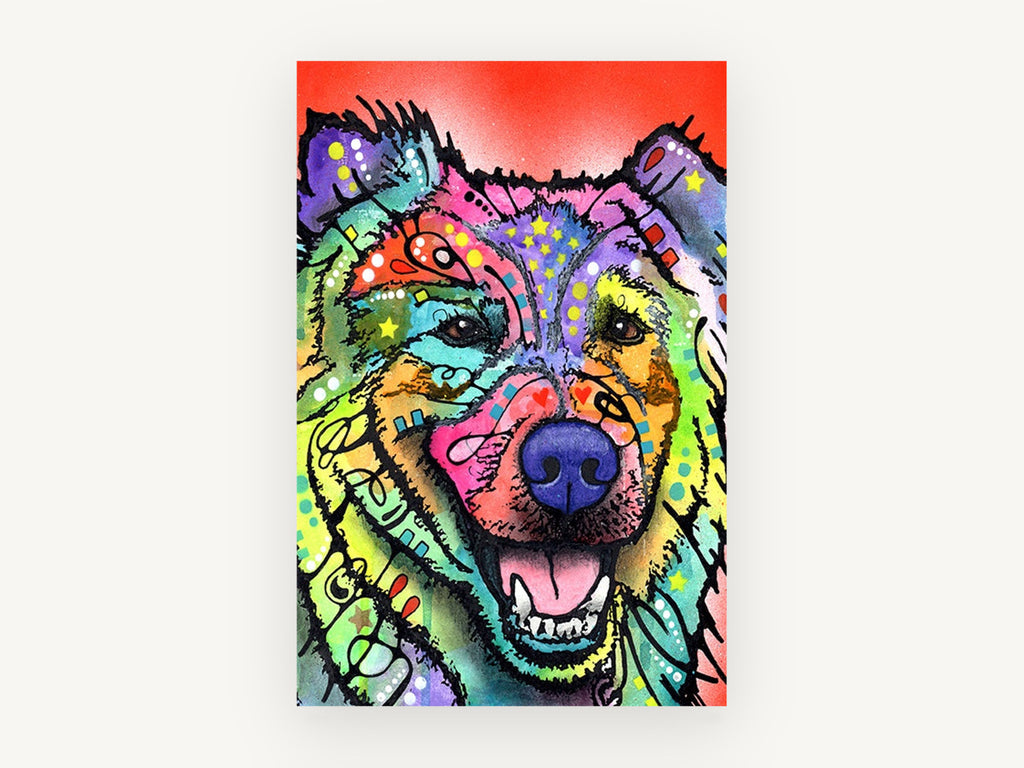 Rainbow Smiling Dog, colourful pop art dog portrait, animal canvas wall art print, front view