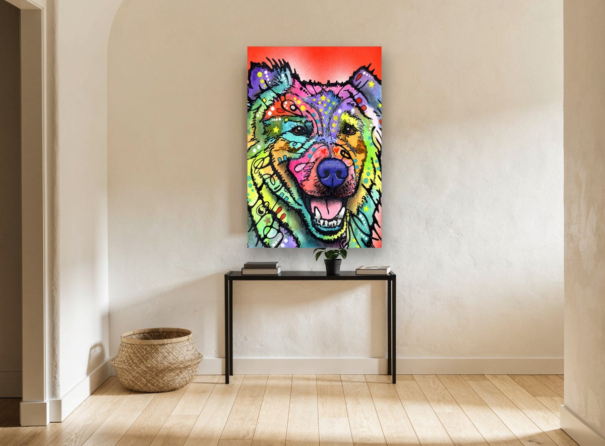 Rainbow Smiling Dog animal canvas print on the wall of a hallway