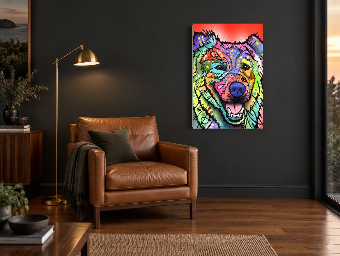 Rainbow Smiling Dog animal canvas print on the wall of a charcoal living room