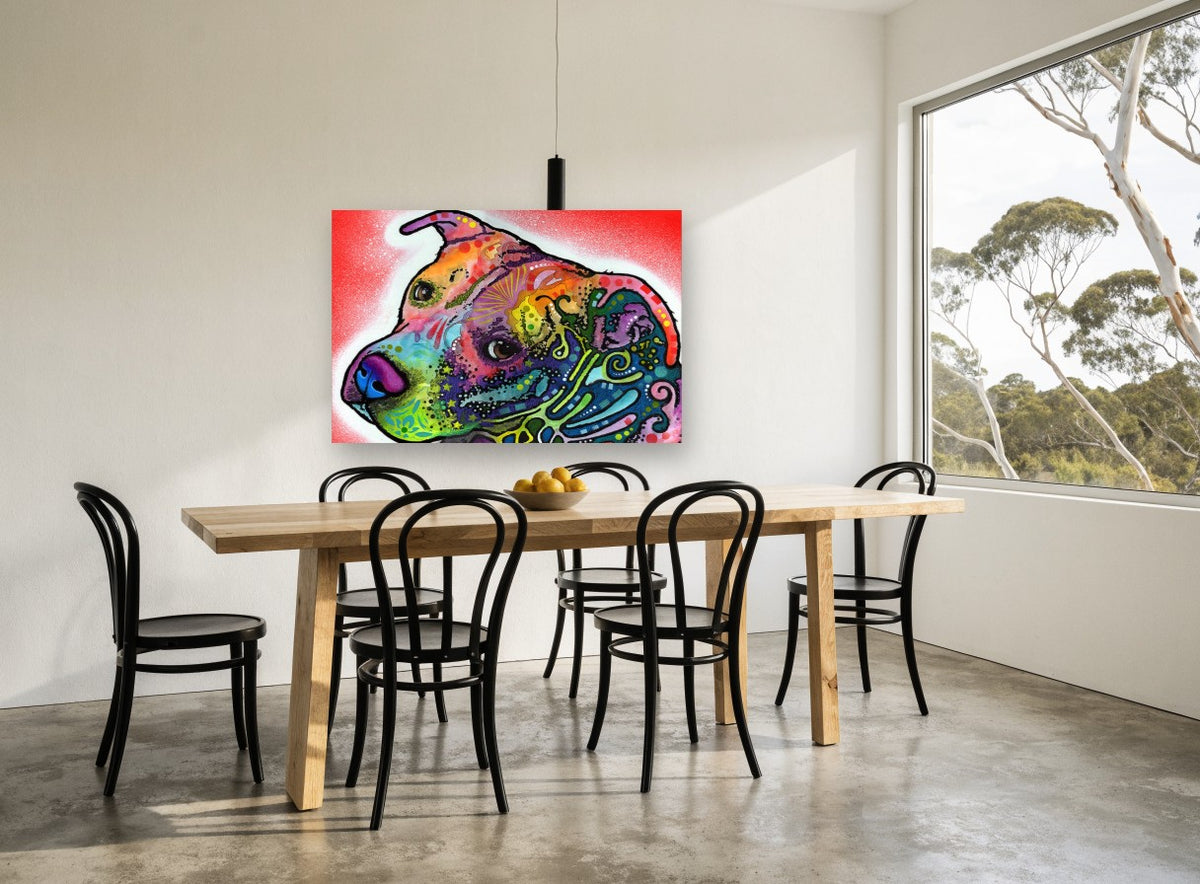 Rainbow Pit Bull Gaze animal canvas print on the wall of a dining room