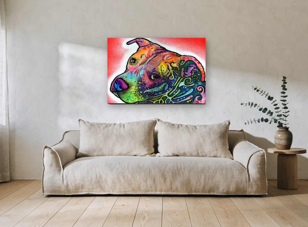 Rainbow Pit Bull Gaze animal canvas print on the wall of a living room