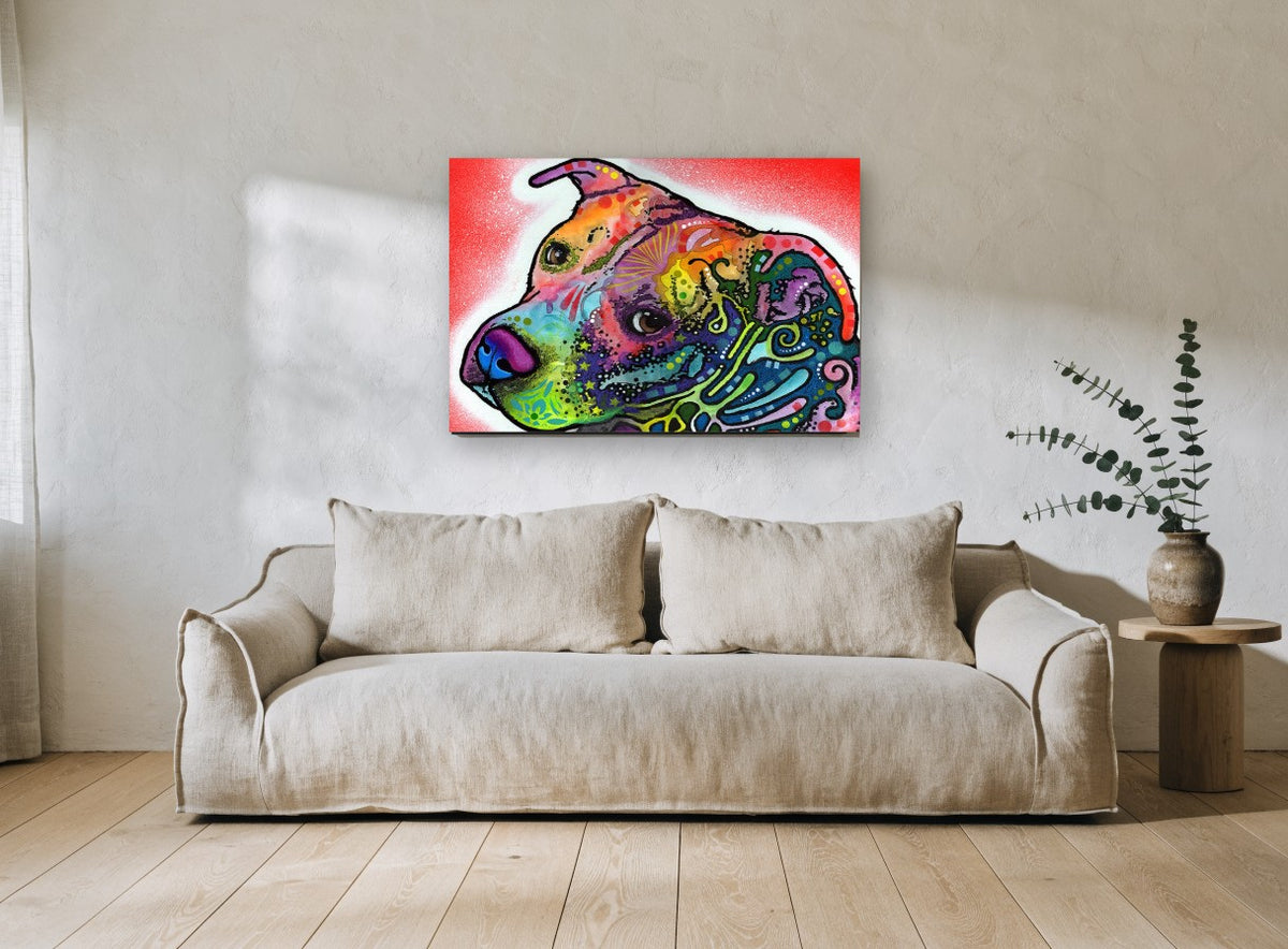 Rainbow Pit Bull Gaze animal canvas print on the wall of a living room