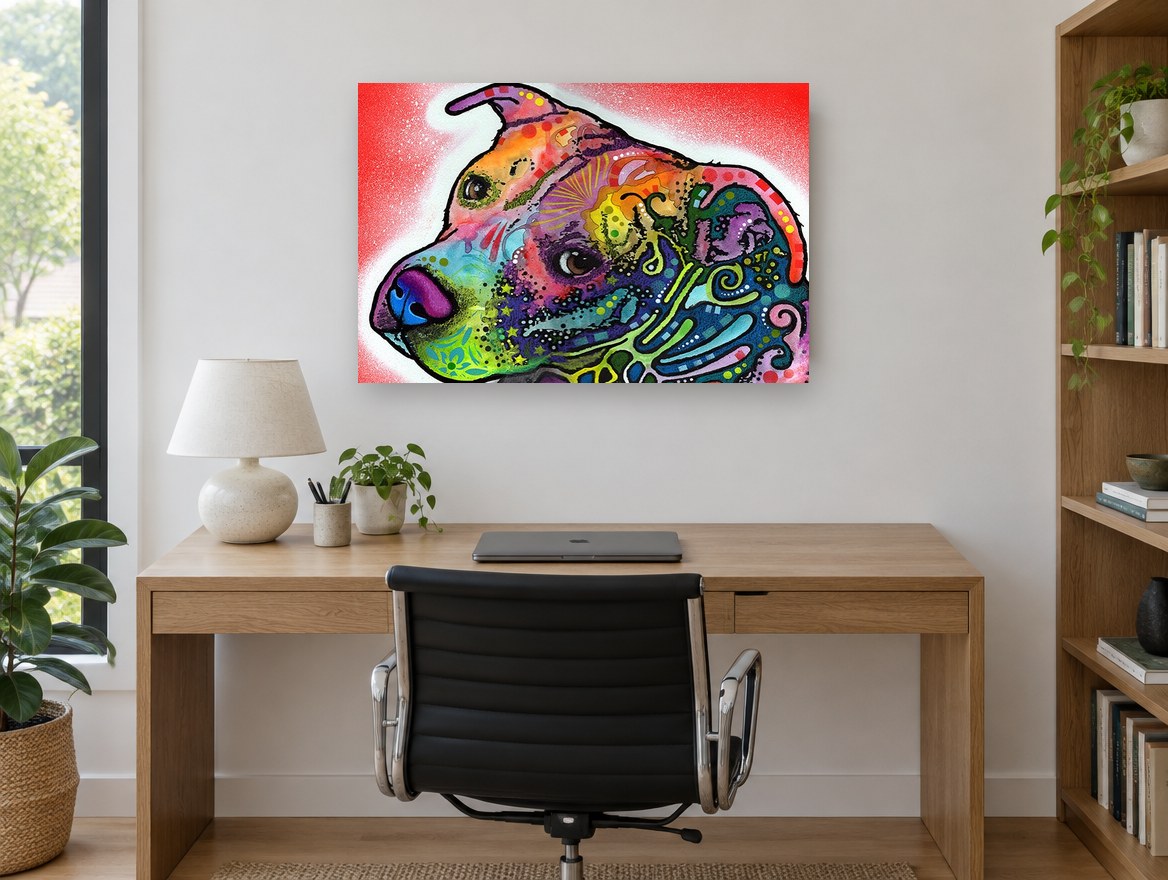 Rainbow Pit Bull Gaze animal canvas print on the wall of a study