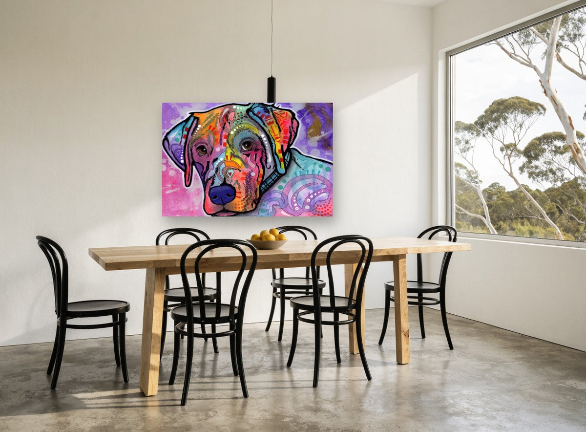 Rainbow Pup Portrait animal canvas print on the wall of a dining room