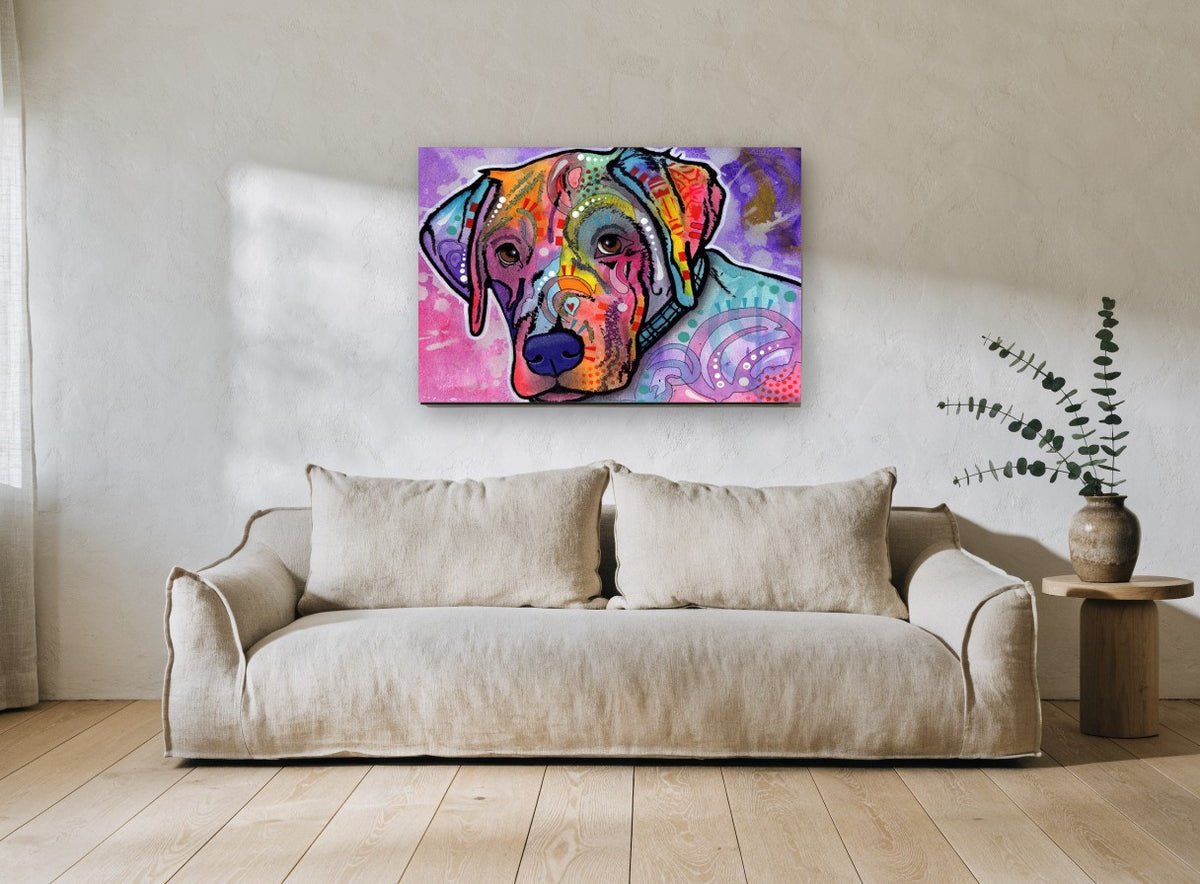 Rainbow Pup Portrait animal canvas print on the wall of a living room