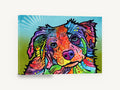 Tilted Head Rainbow Pup, colourful pop art dog portrait, animal canvas wall art print ready to hang