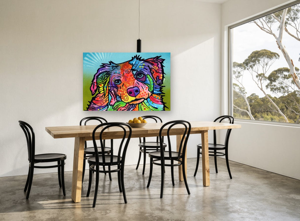 Tilted Head Rainbow Pup animal canvas print on the wall of a dining room