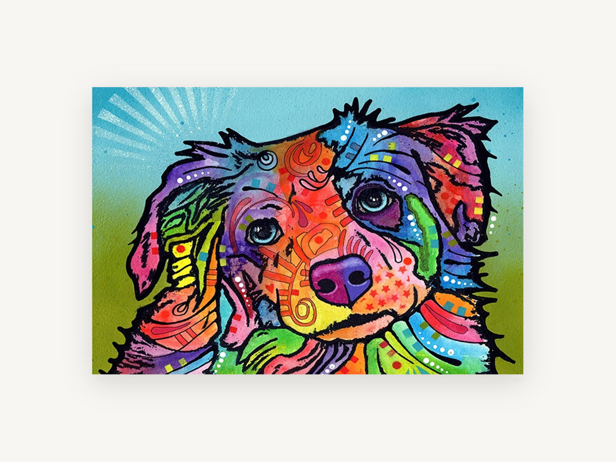 Tilted Head Rainbow Pup, colourful pop art dog portrait, animal canvas wall art print, front view